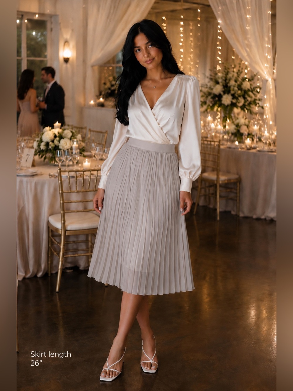 Satin Pleated Midi Skirt in Light Taupe
